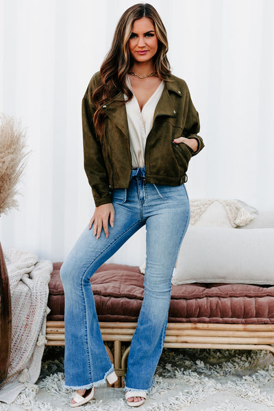 My Ride Or Die Faux Suede Moto Jacket (Olive) - NanaMacs