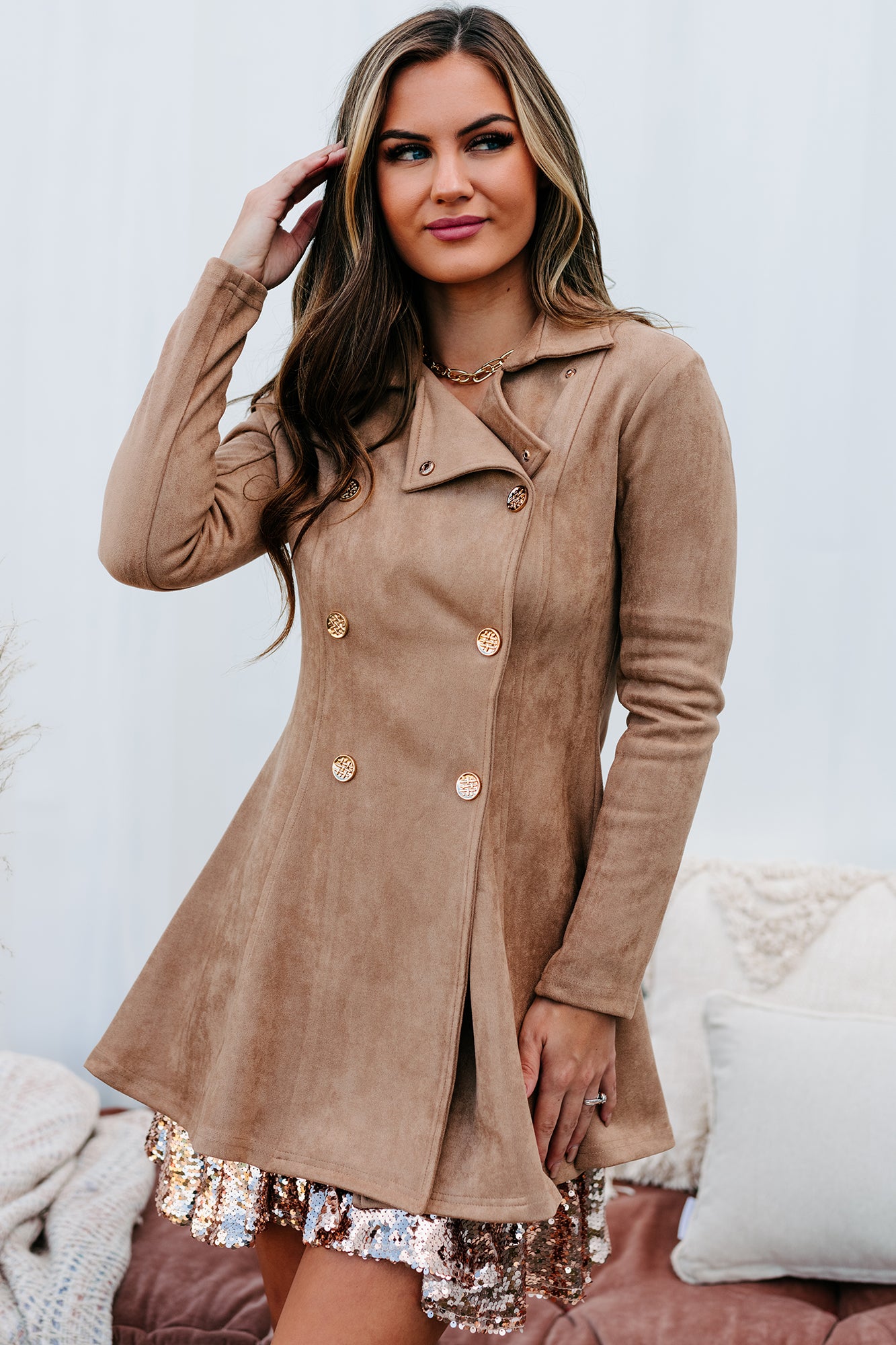 Peak Of Perfection Faux Suede Double Breasted Coat (Coco) - NanaMacs