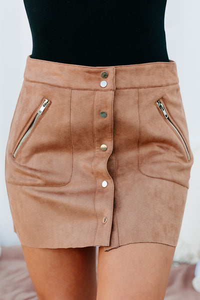 Contagiously Happy Button-Front Faux Suede Mini Skirt (Camel) - NanaMacs