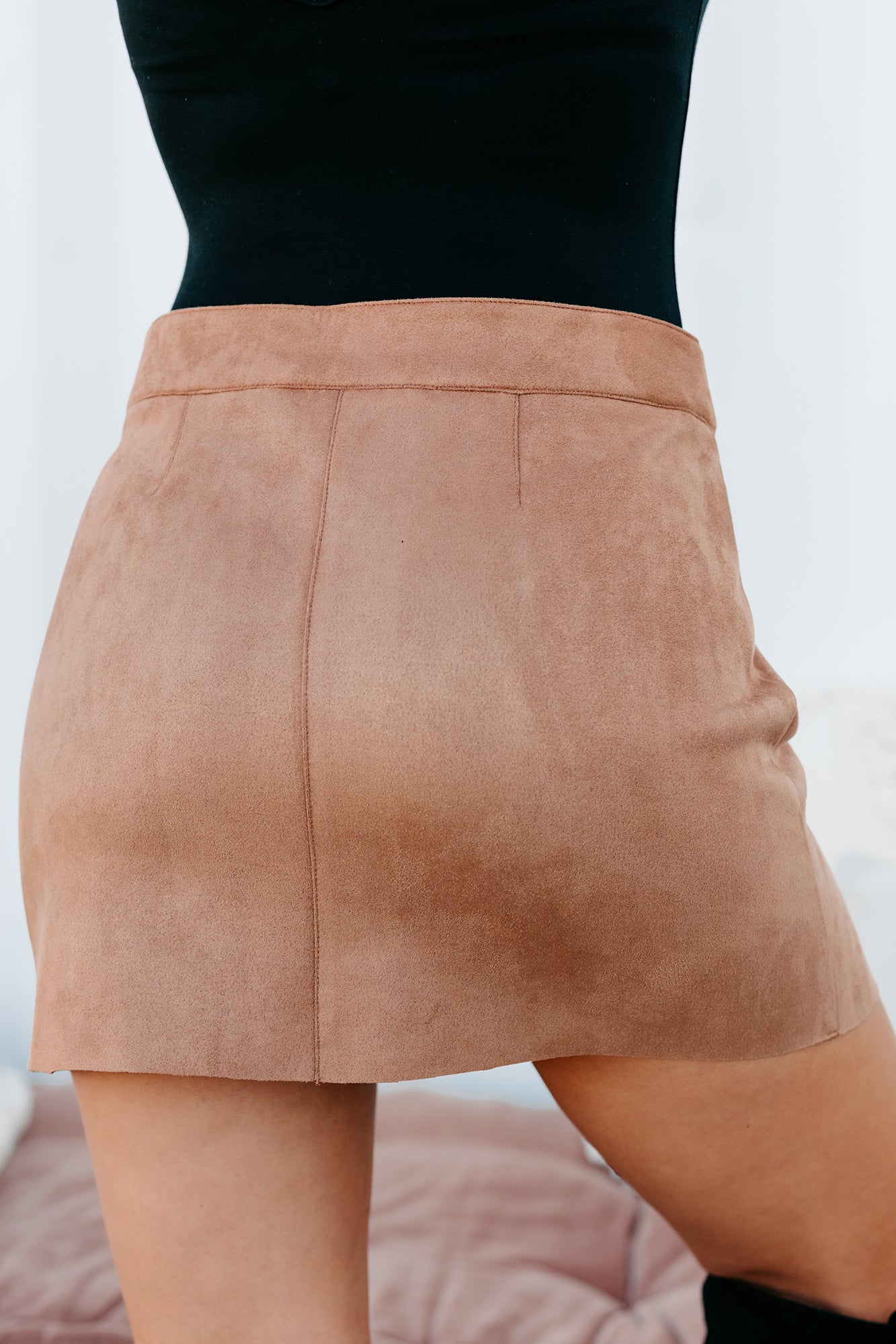 Contagiously Happy Button-Front Faux Suede Mini Skirt (Camel) - NanaMacs