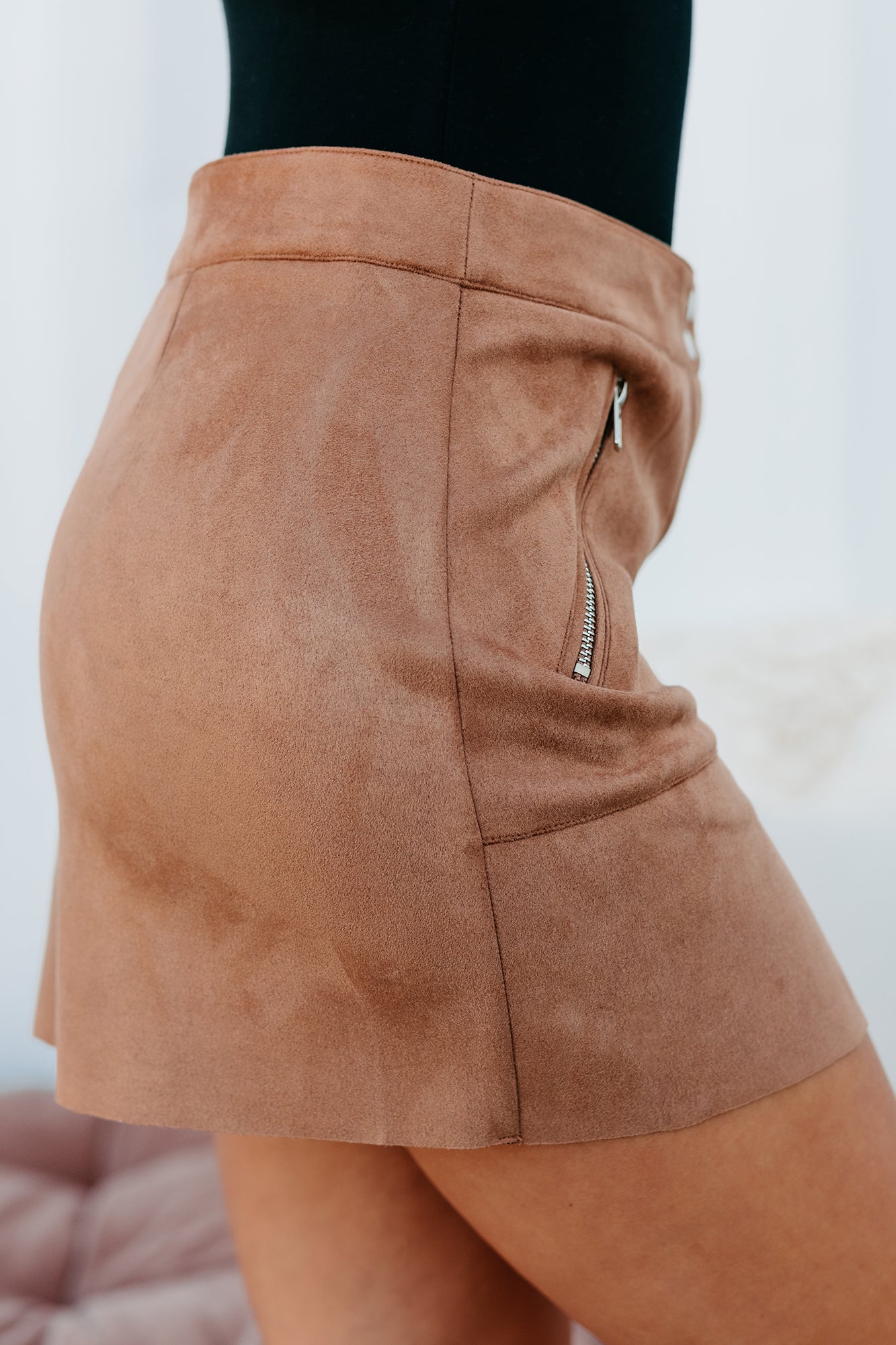 Contagiously Happy Button-Front Faux Suede Mini Skirt (Camel)