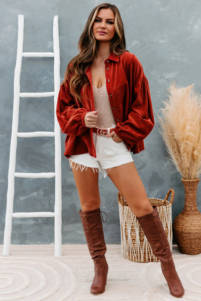 Ezra Corduroy Bubble Sleeve Button-Down Top(Rust) - NanaMacs