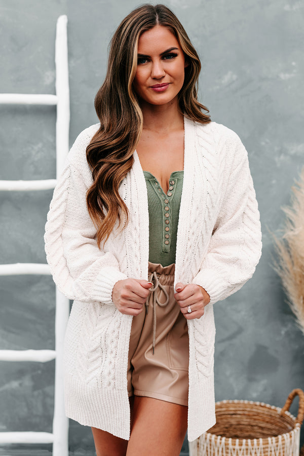 Warmest Occasion Chenille Cable Knit Cardigan (Ecru) - NanaMacs