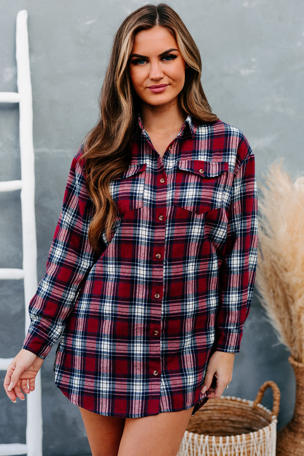 Carefree Confidence Oversized Plaid Button-Down Top (Burgundy) - NanaMacs