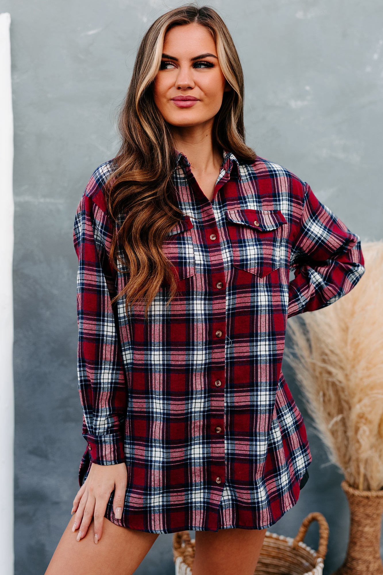 Carefree Confidence Oversized Plaid Button-Down Top (Burgundy) - NanaMacs