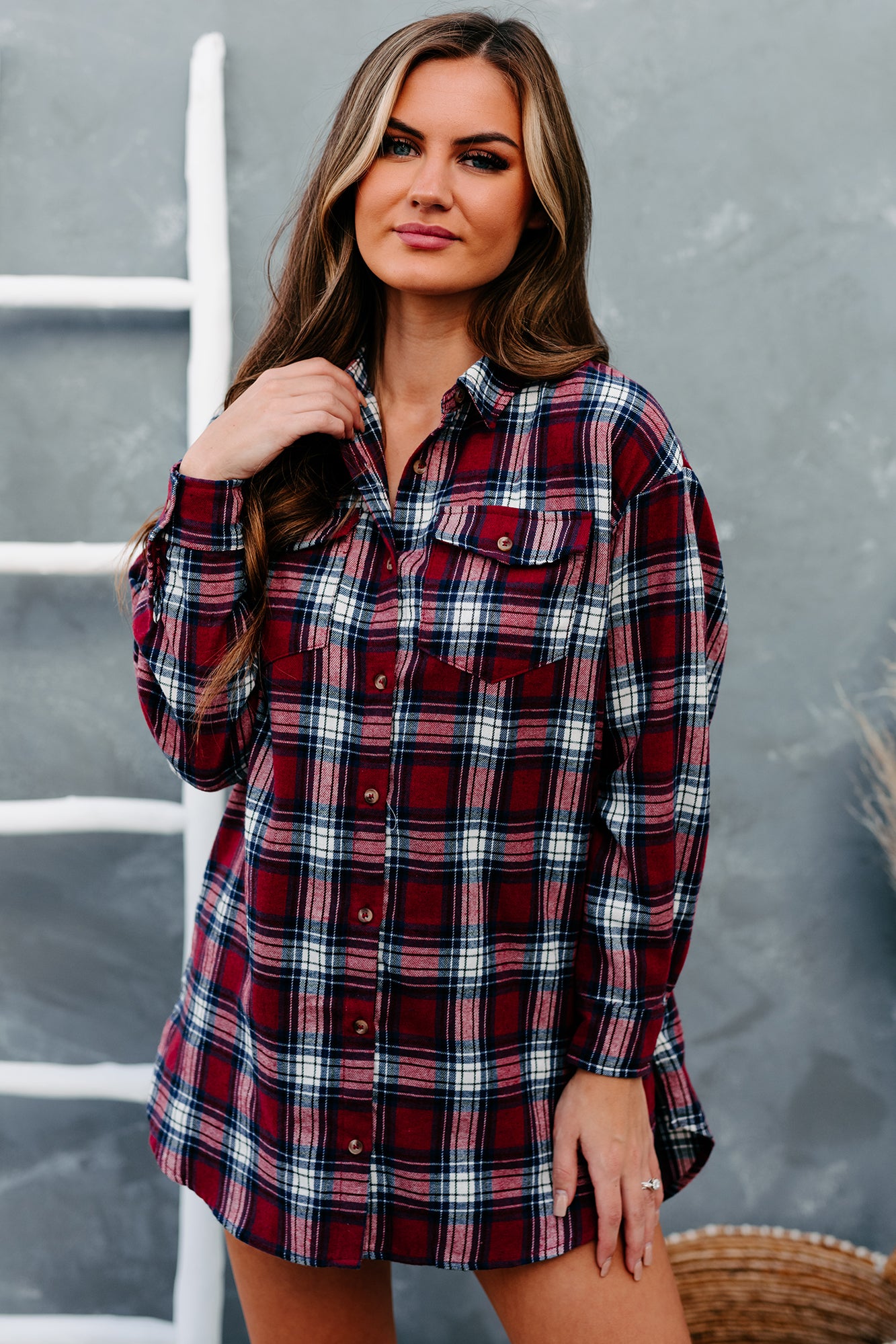Carefree Confidence Oversized Plaid Button-Down Top (Burgundy) - NanaMacs