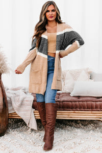 Passing Time Striped Open Front Cardigan (Taupe) - NanaMacs