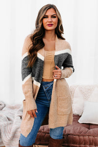 Passing Time Striped Open Front Cardigan (Taupe) - NanaMacs