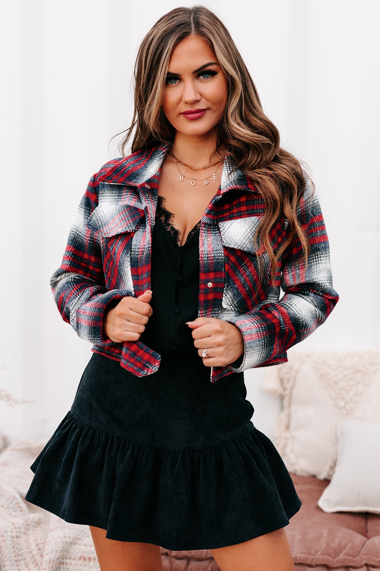Chic Observations Cropped Plaid Shacket (Red) - NanaMacs
