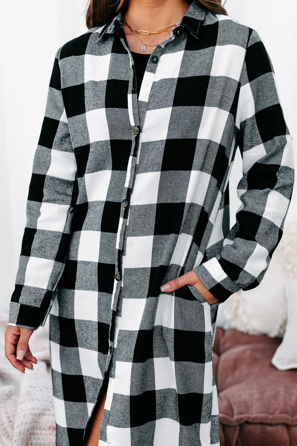 Milo Plaid Button Down Duster Cardigan (Off White/Black) - NanaMacs