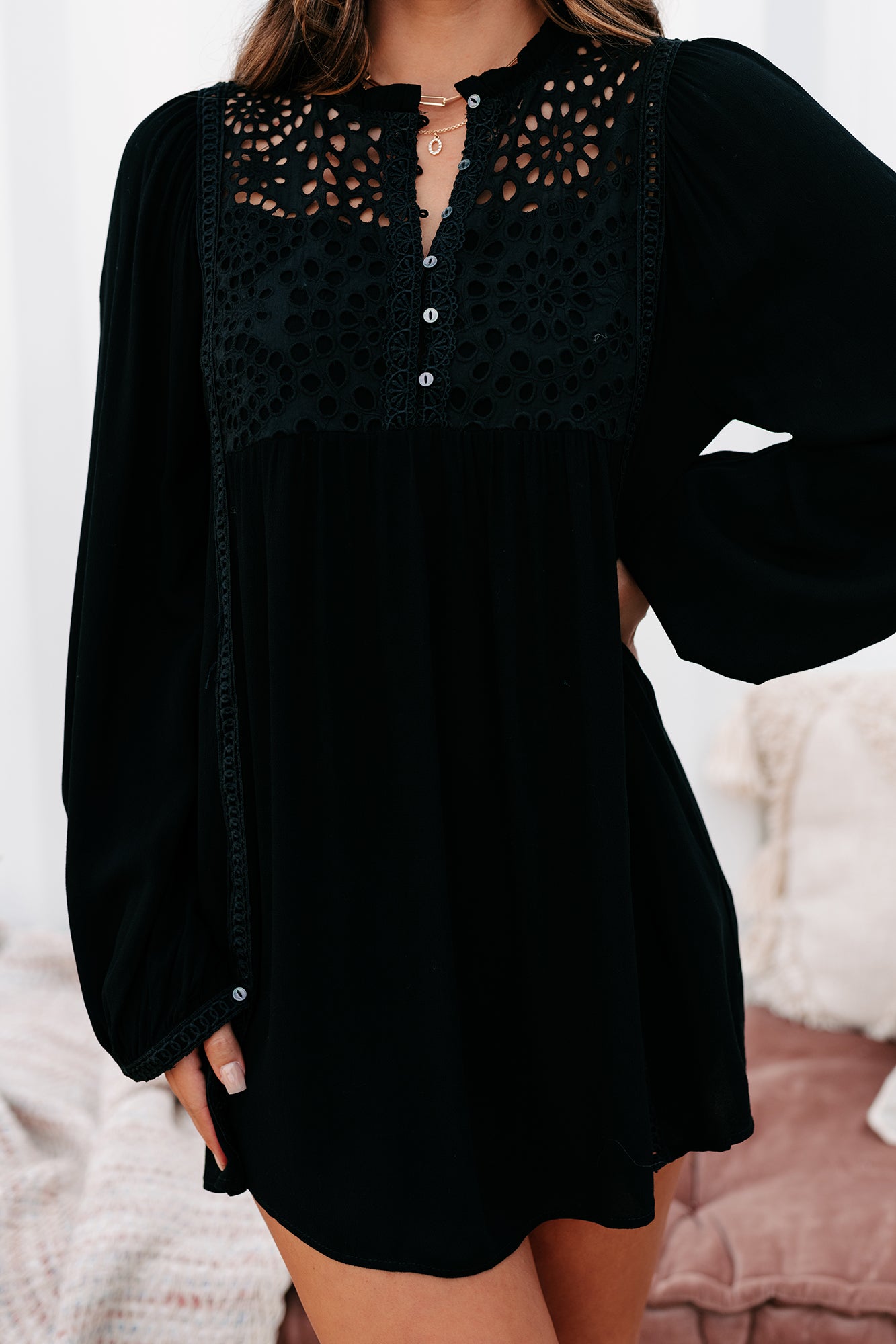 Afternoon Abroad Long Sleeved Eyelet Tunic/Dress (Black) - NanaMacs