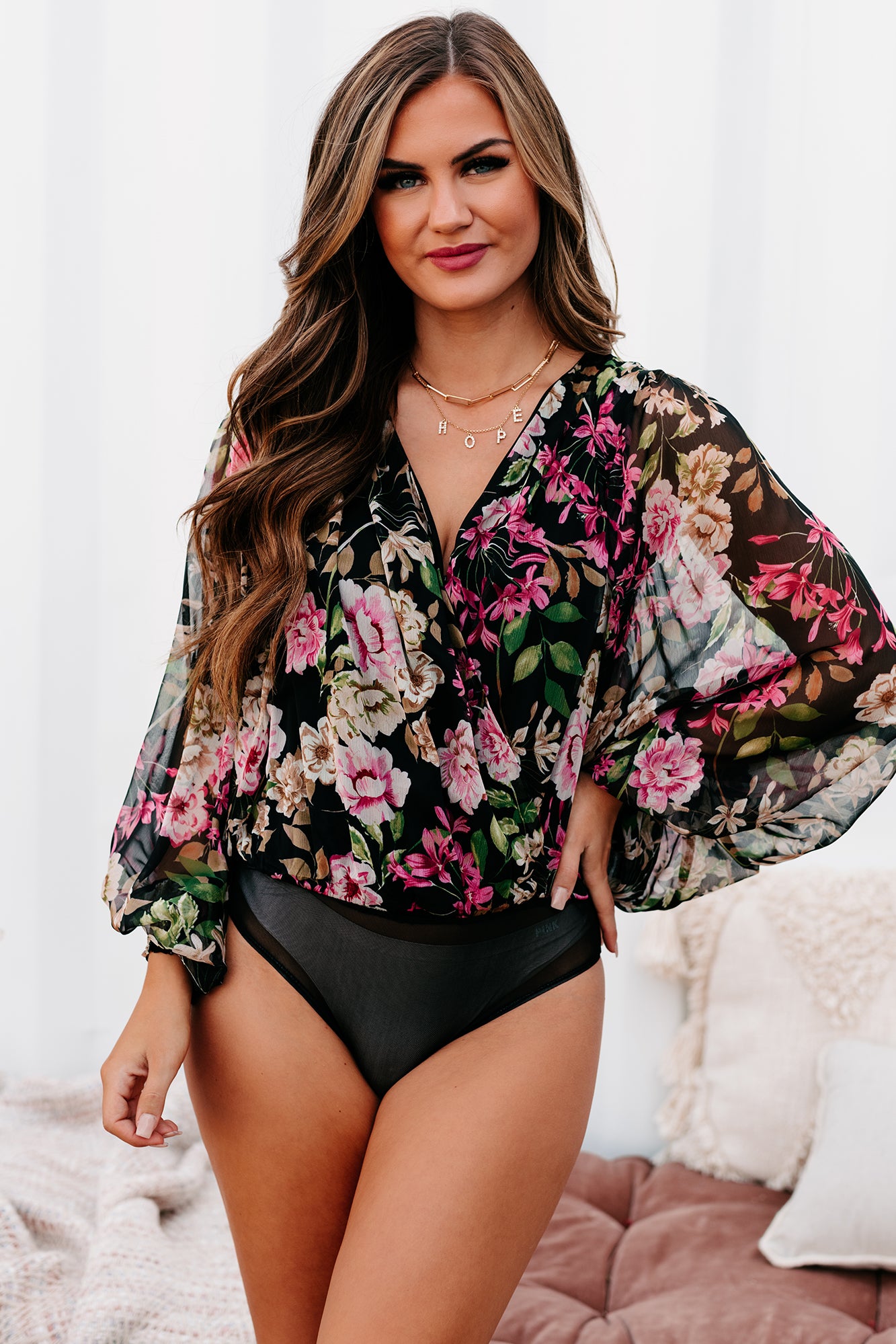 August Air Surplice Floral Bodysuit (Black) - NanaMacs