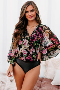 August Air Surplice Floral Bodysuit (Black) - NanaMacs