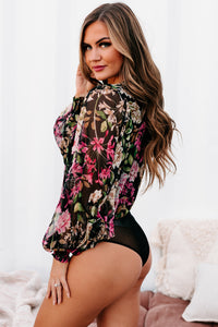 August Air Surplice Floral Bodysuit (Black) - NanaMacs