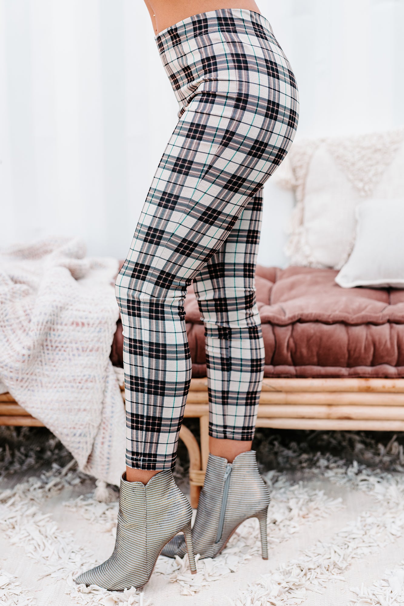 Pressed For Plaid High Waisted Plaid Leggings Beige