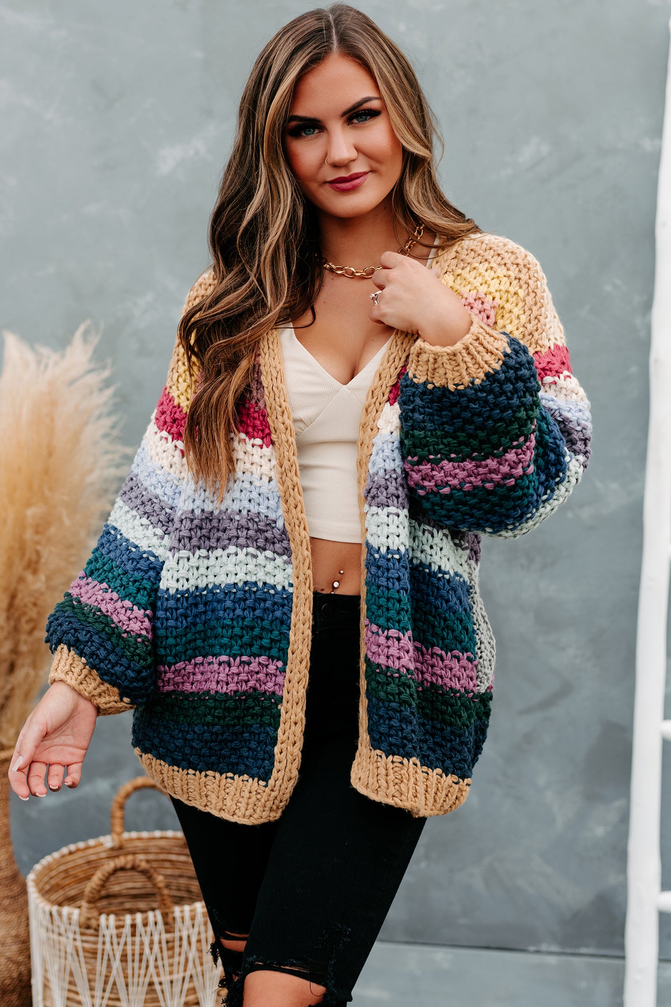 Rainbow Reveal Crochet Knit Cardigan (Neutral Multi)