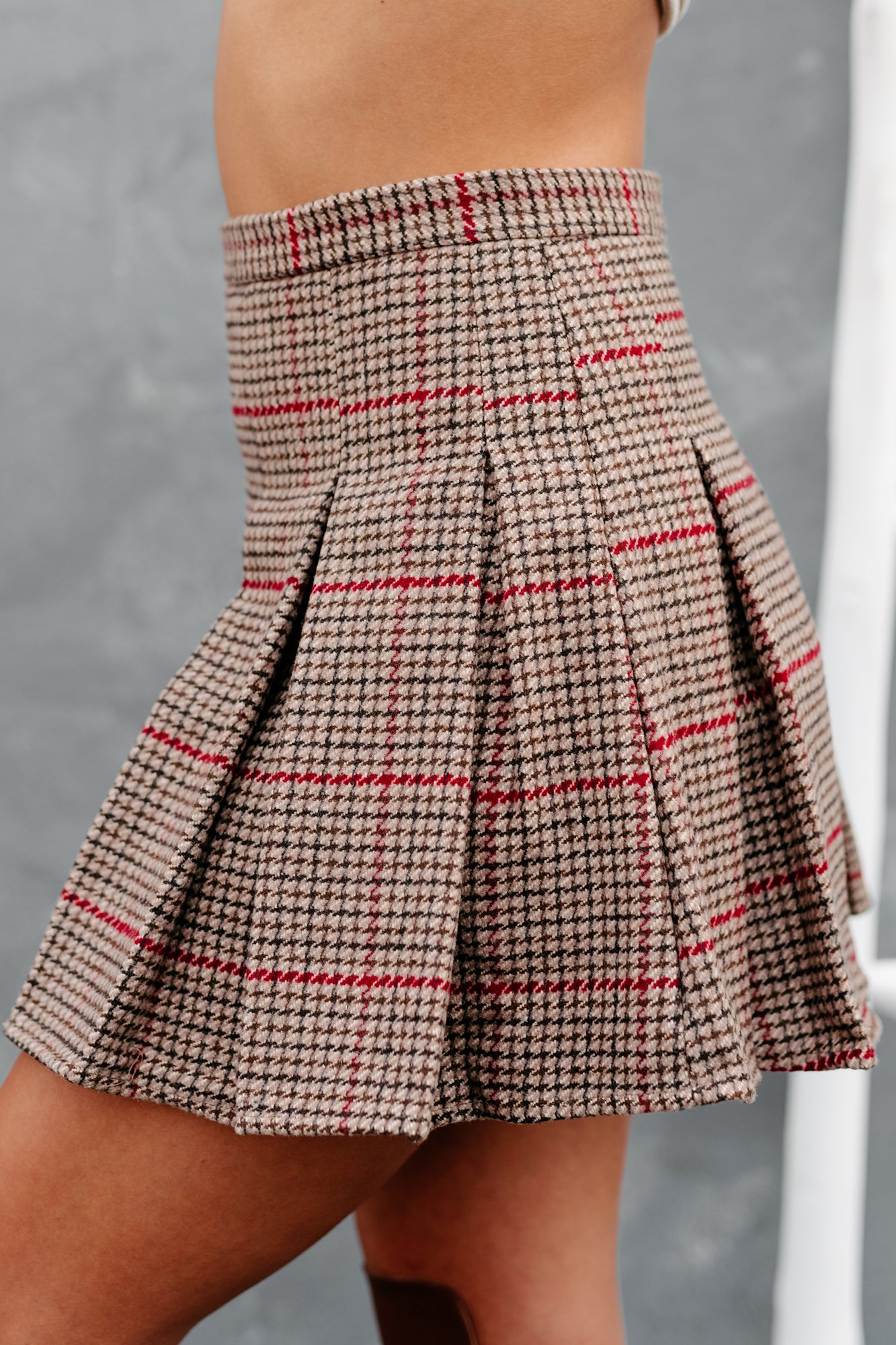 School Girl Crush Pleated Plaid Mini Skirt (Camel/Red Plaid) - NanaMacs