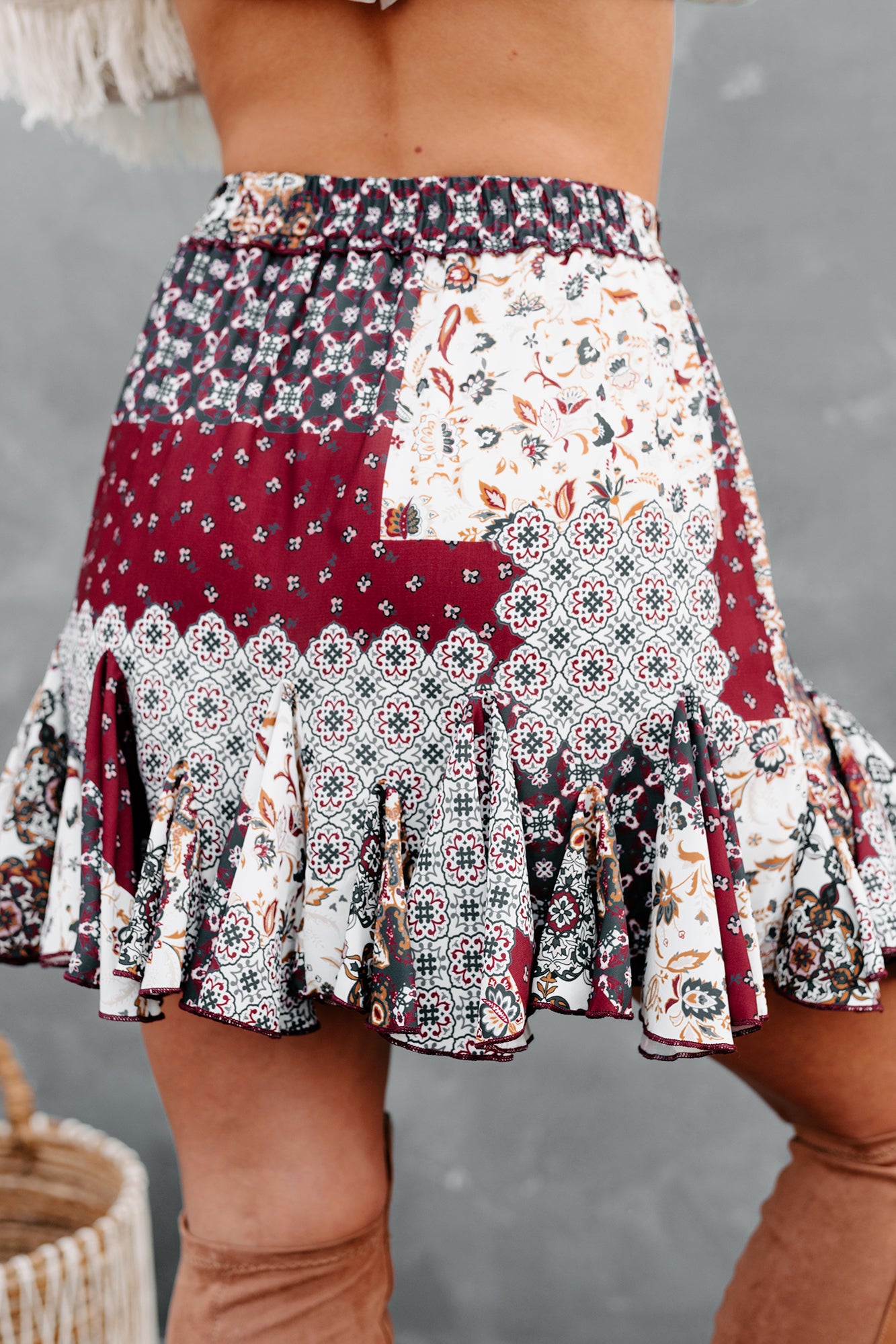 Midwest Mindset Patch Print Ruffled Mini Skirt (Red Multi) - NanaMacs
