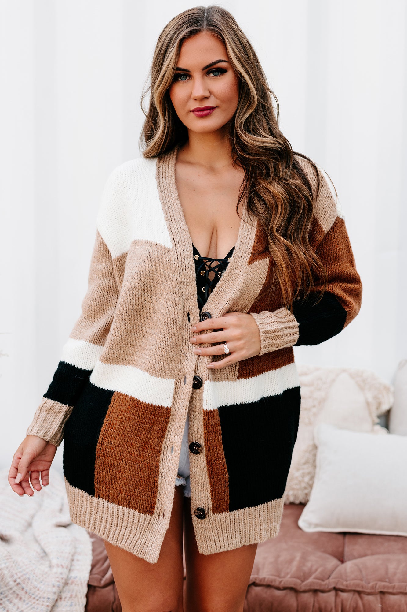 Wishing For Warmth Color Block Cardigan Caramel Multi