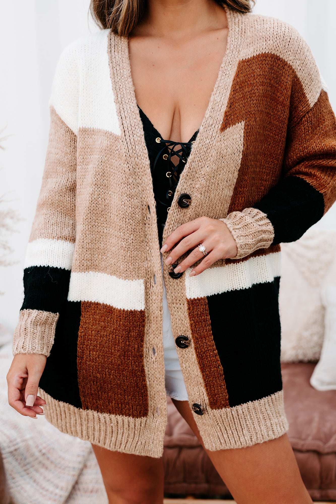 Wishing For Warmth Color Block Cardigan Caramel Multi NanaMacs