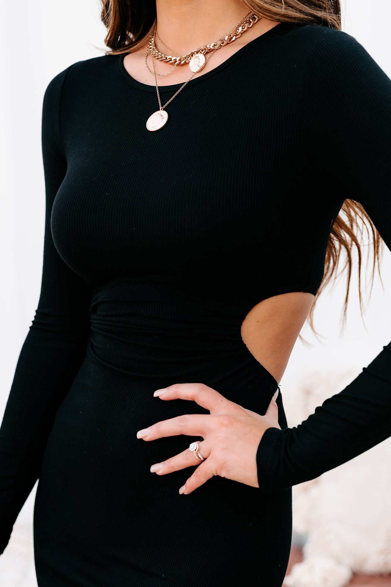 Added Appeal Ribbed Long Sleeve Cut-Out Mini Dress (Black) - NanaMacs