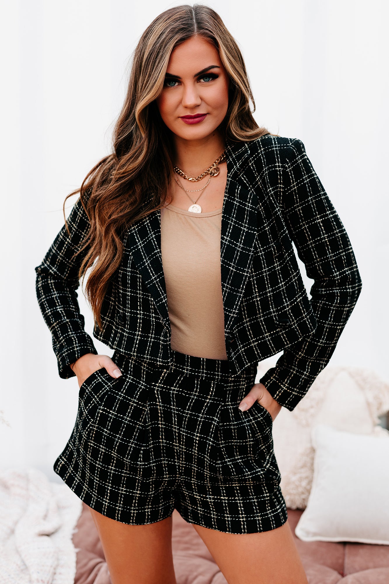 Visualize Success Plaid Cropped Blazer (Black/Cream Plaid) - NanaMacs