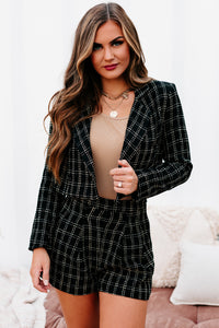 Visualize Success Plaid Cropped Blazer (Black/Cream Plaid) - NanaMacs