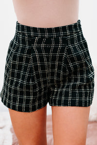 Visualize Success High Waisted Pleated Plaid Shorts (Black/Cream Plaid) - NanaMacs