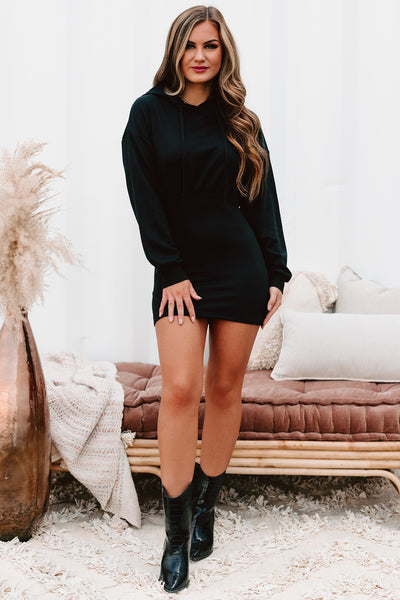Busy Weekends Drawstring Hoodie Dress (Black) - NanaMacs