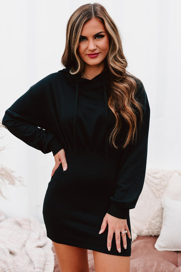 Busy Weekends Drawstring Hoodie Dress (Black) - NanaMacs