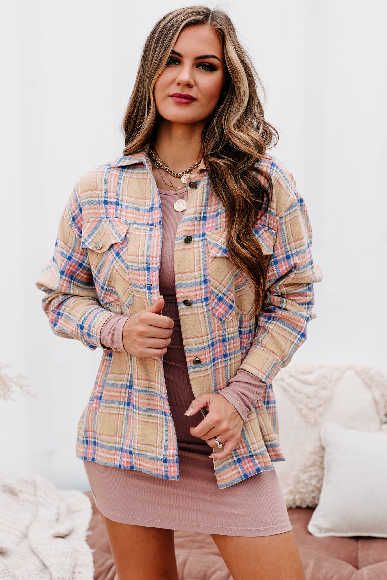 Friday Feeling Plaid Button-Down Top (Taupe Combo) - NanaMacs