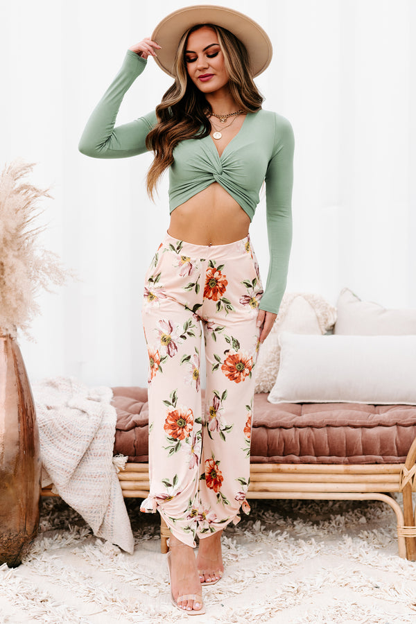 Flirty Little Secret Twist Front Long Sleeve Crop Top (Sage Green) - NanaMacs