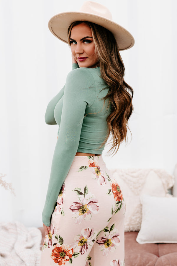 Flirty Little Secret Twist Front Long Sleeve Crop Top (Sage Green) - NanaMacs