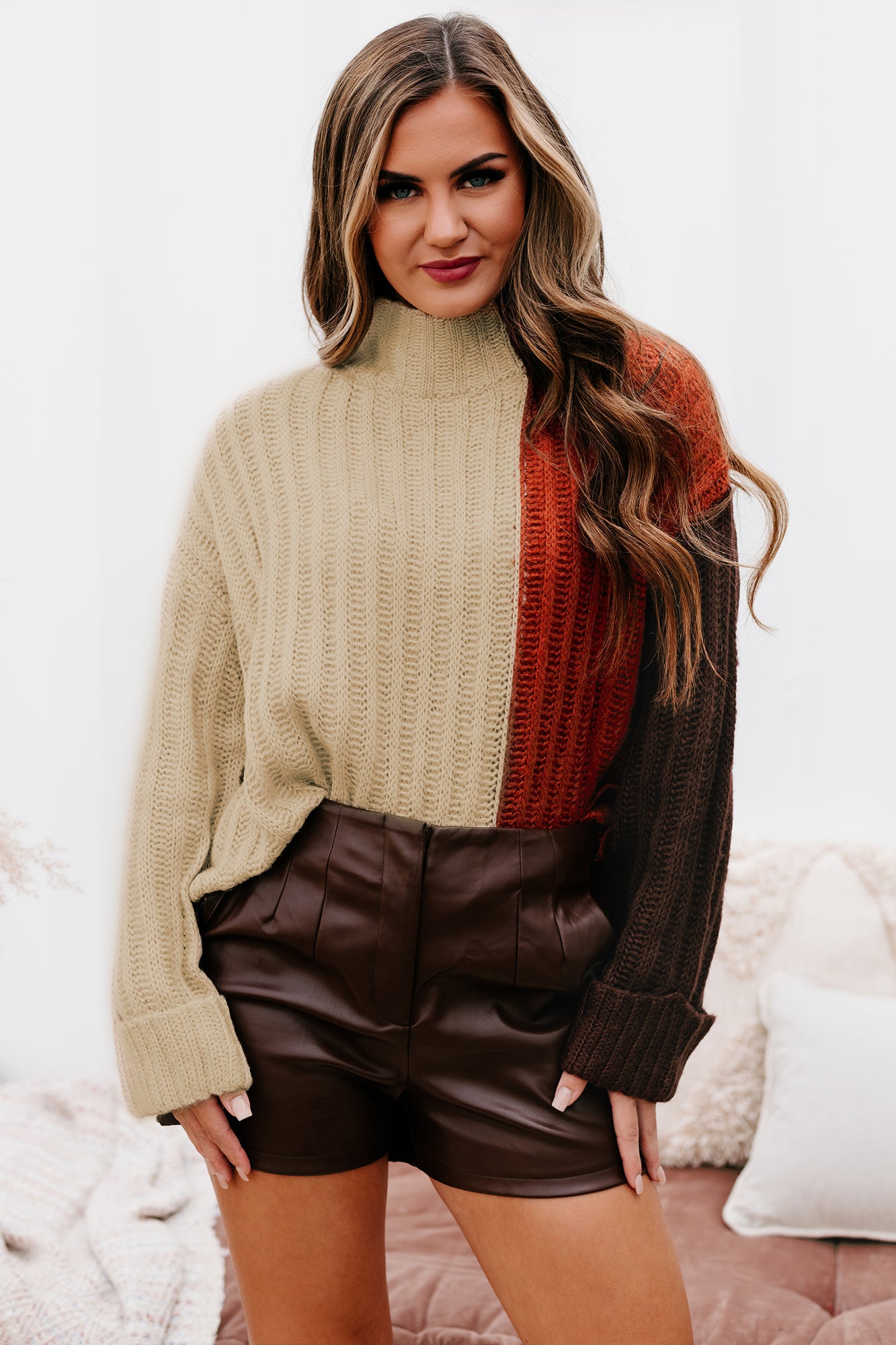 Falling Leaves Color Block Sweater (Brick Combo) - NanaMacs