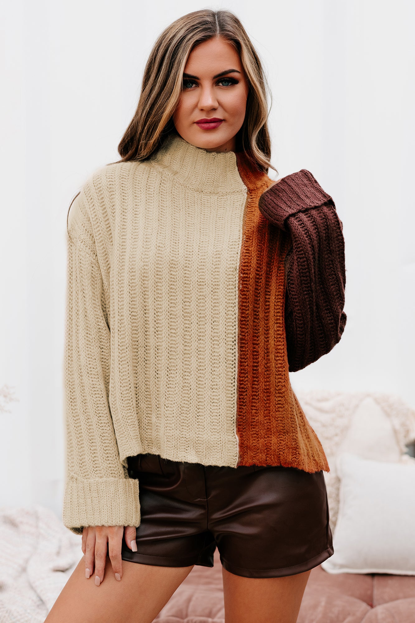 Falling Leaves Color Block Sweater (Brick Combo) - NanaMacs