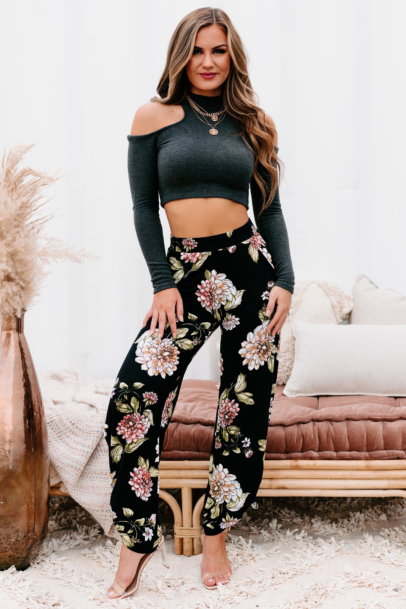 Kodiak Moment Cropped Cold Shoulder Top (Charcoal) - NanaMacs