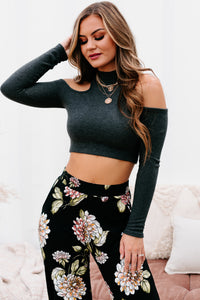 Kodiak Moment Cropped Cold Shoulder Top (Charcoal) - NanaMacs