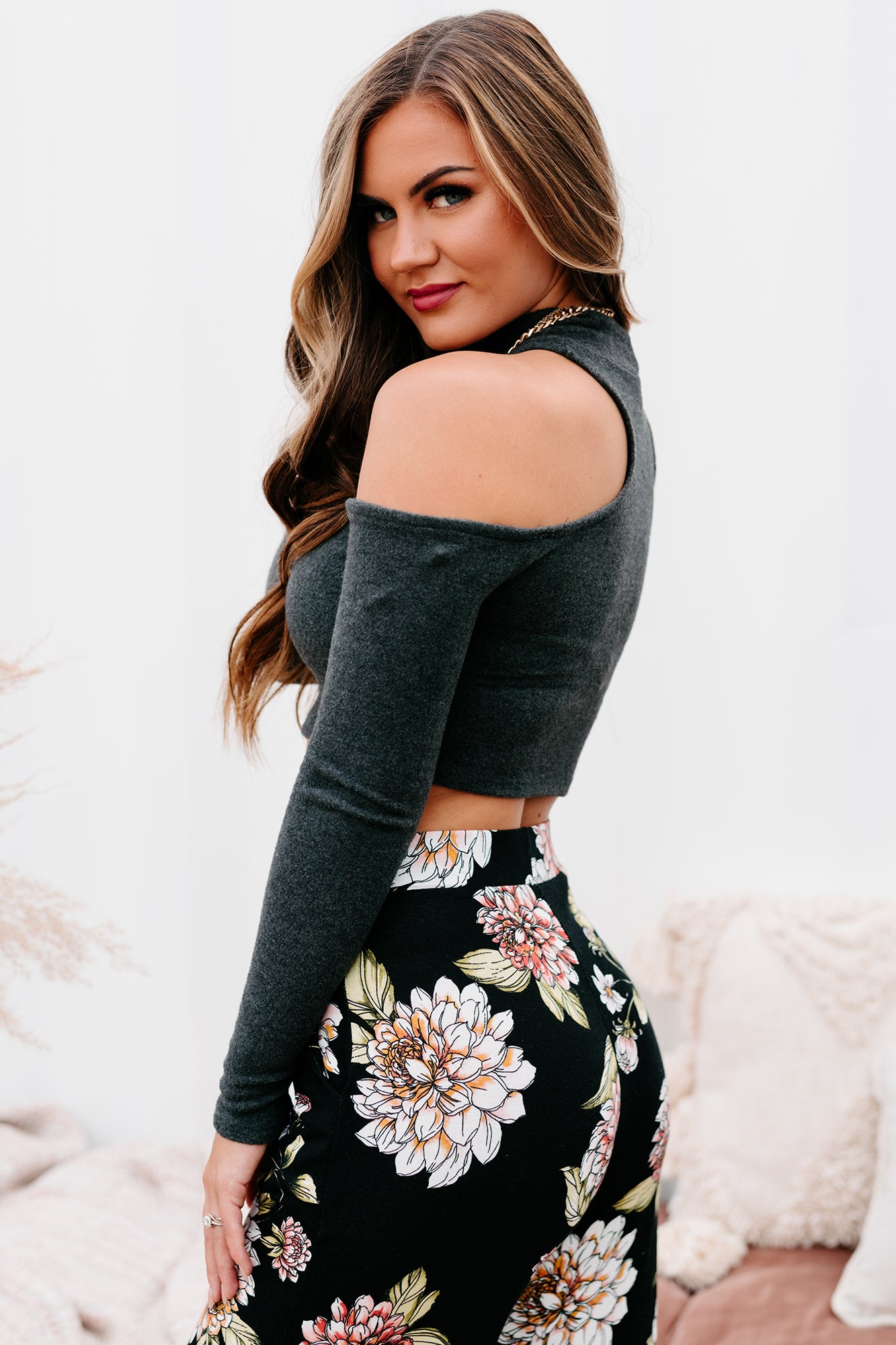 Kodiak Moment Cropped Cold Shoulder Top (Charcoal) - NanaMacs