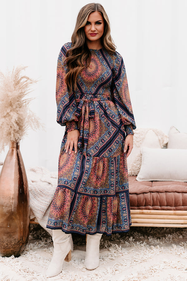 Mesmerizing Moment Smocked Long Sleeve Maxi Dress (Black) - NanaMacs