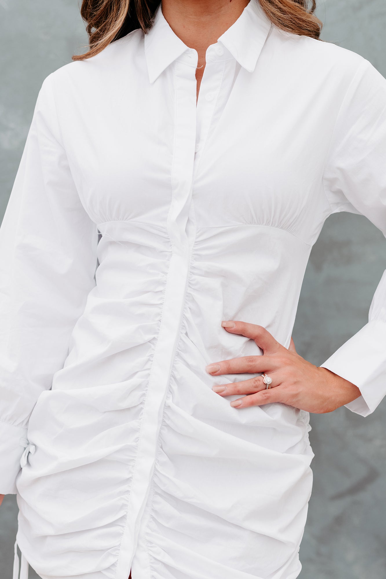 Risky Decisions Ruched Long Sleeve Shirt Dress (White) - NanaMacs
