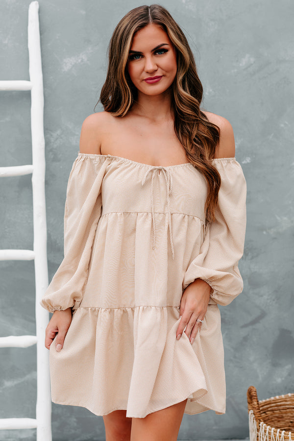 Carlinn Off-The-Shoulder Tiered Dress (Taupe) - NanaMacs