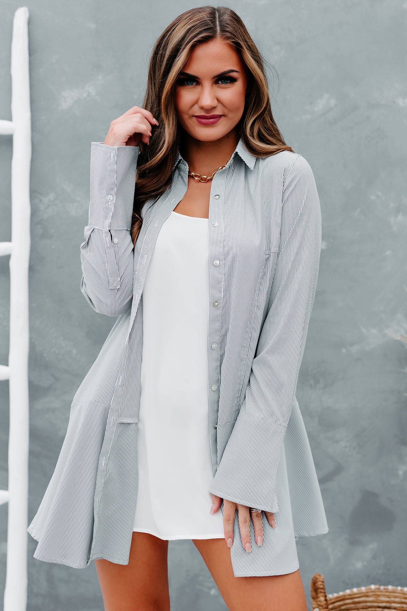 Subtle Drama Long Sleeve Striped Shirt Dress (Black Stripe) - NanaMacs