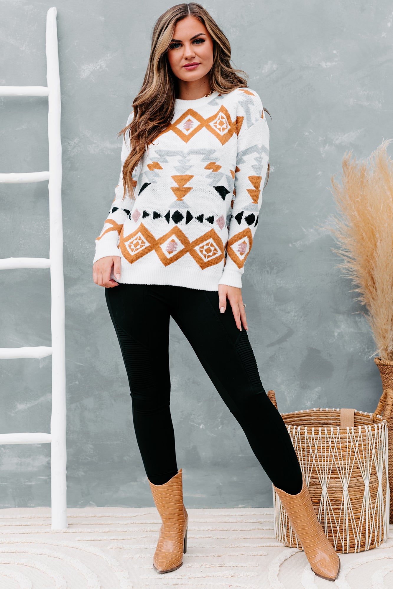 Judie Patterned Crew Neck Knit Sweater (Ivory) - NanaMacs