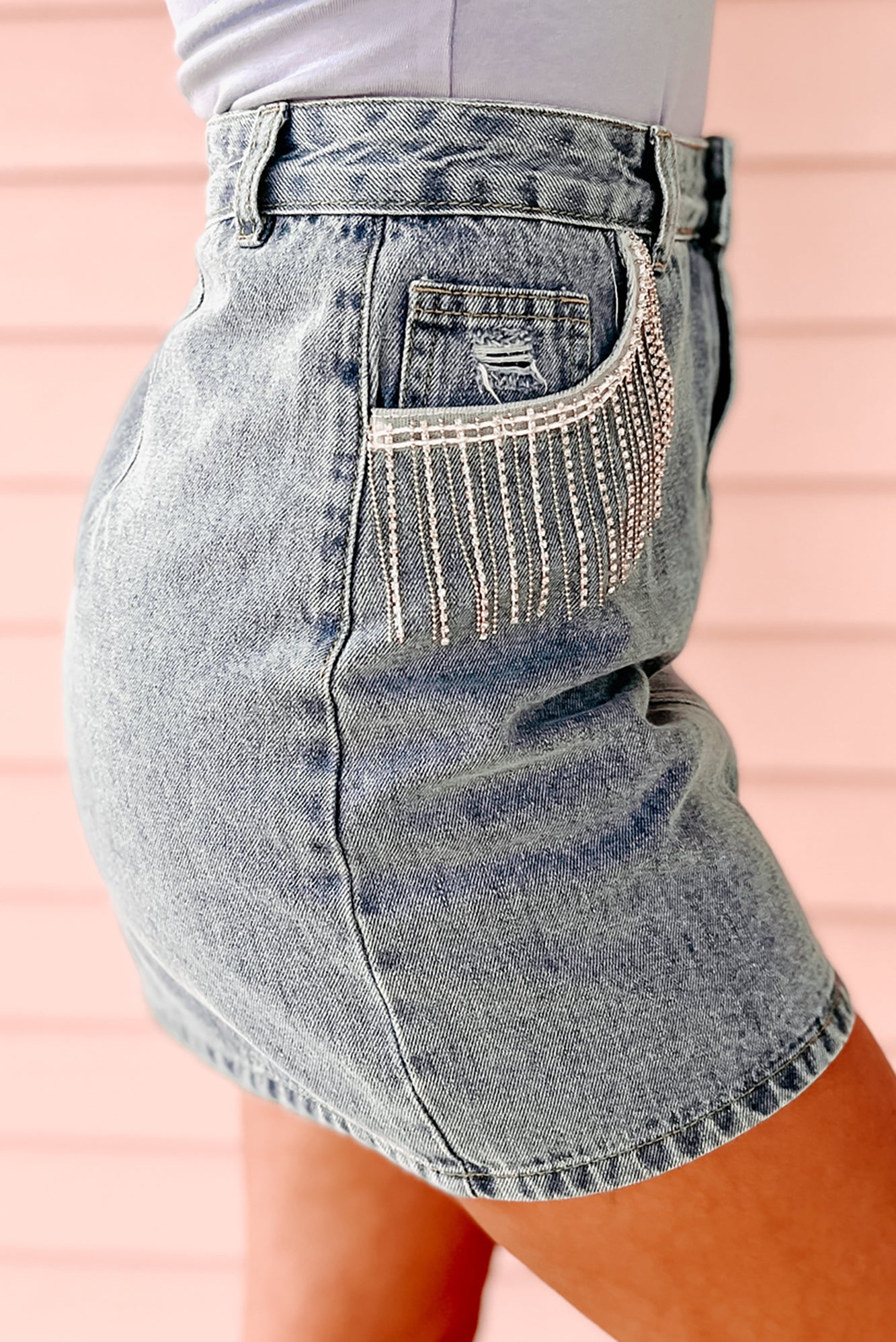 Pocket Full Of Rhinestones Rhinestone Fringe Denim Mini Skirt (Denim) - NanaMacs