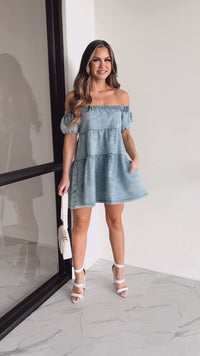 Sweet Embrace Off The Shoulder Denim Mini Dress (Washed Blue) - NanaMacs