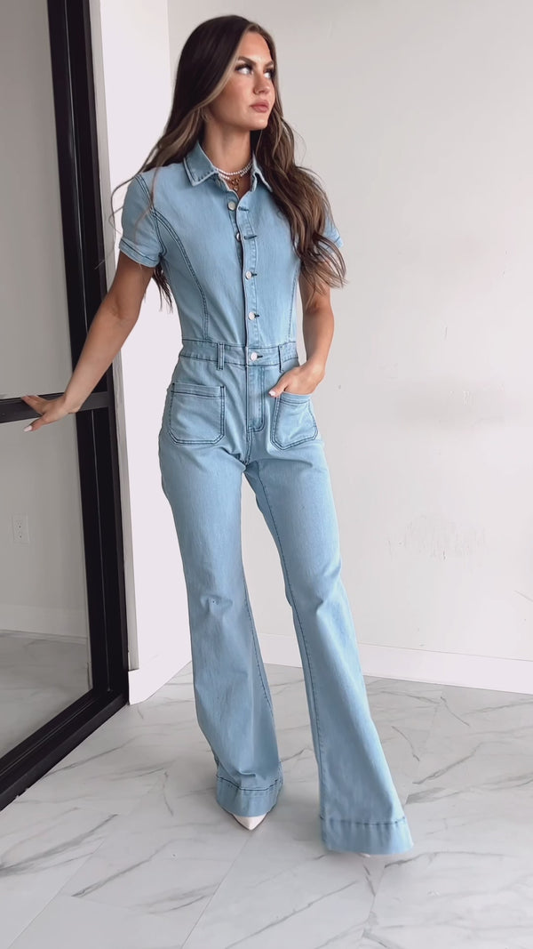 Repeat The Past Flared Denim Jumpsuit (Light Denim) - NanaMacs