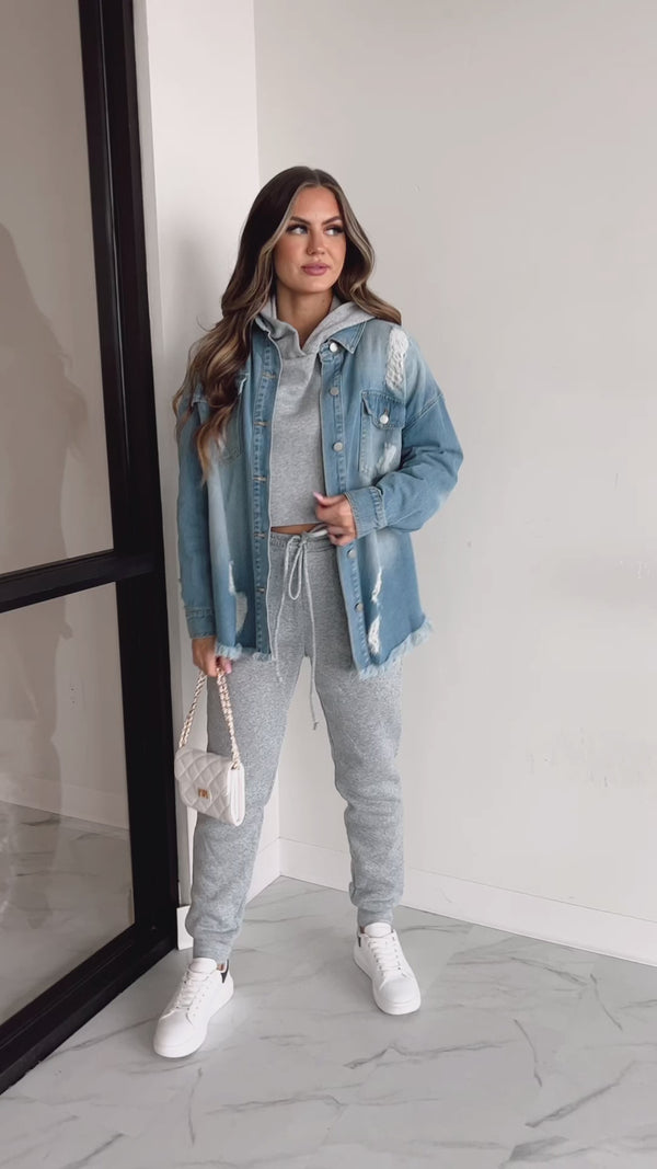 Anything For You Distressed Denim Shacket (Blue) - NanaMacs