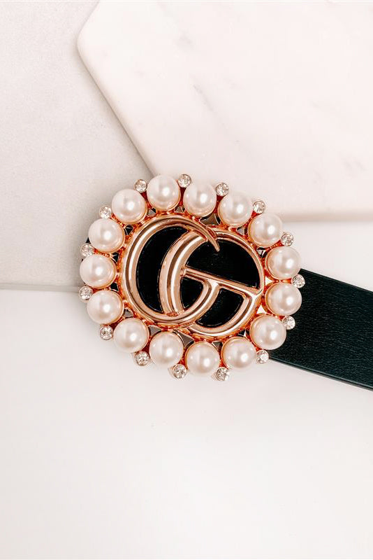 Serving Looks Pearl/Rhinestone Embellished Belt (Black) - NanaMacs