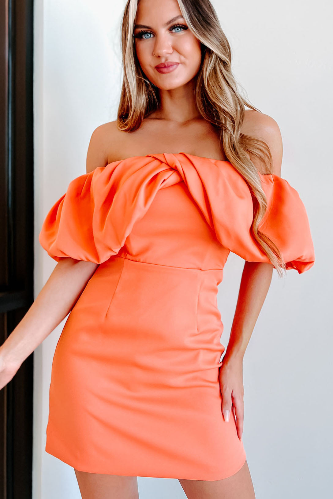 Day Dreamer Puff Of The Shoulder Mini Dress (Orange) - NanaMacs