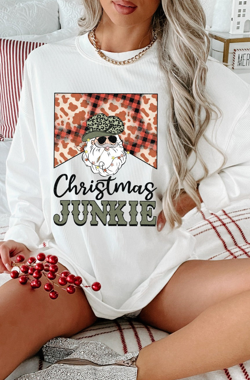 "Christmas Junkie" Corded Graphic Crewneck (White) - Print On Demand - NanaMacs